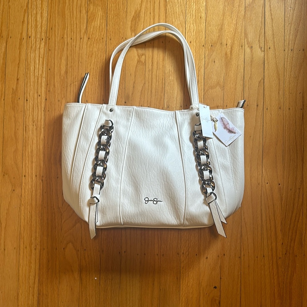 White Faux Leather Handbag with Chain Accents